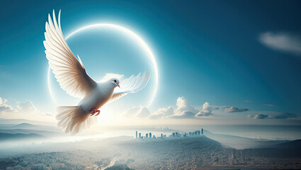 White Pigeon in flight over city on blue background, hope concept. Flying bird - obrazy, fototapety, plakaty