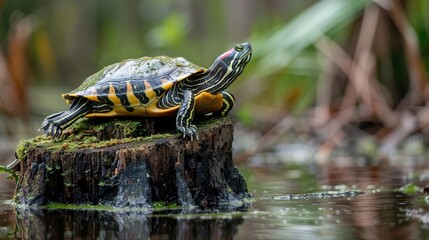 Obraz premium A yellow bellied slider turtle resting on a cypress tree stump at Greenfield Lake in Wilmington North Carolina