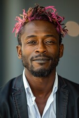 Fototapeta premium A handsome young African American man with a beard smiles confidently against a gray studio backdrop.
