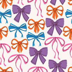 Flat vector illustration of colorful bows, ties, gift bows. Wedding celebration, holiday, party decoration, gift, present concept. Square seamless pattern, background.