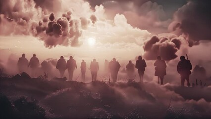 Silhouettes of army soldiers in the fog, marines team in action, surrounded fire and smoke, shooting with assault rifle and machine gun, attacking enemy 4k video. War zone