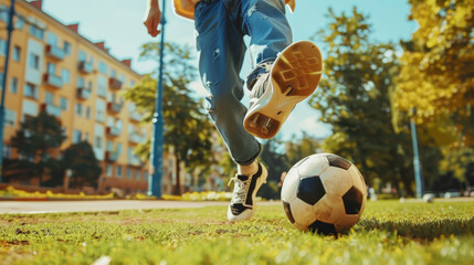 Teenager kicking a soccer ball in a city park, bottom view. Outdoor sport activity. Dynamic photo. Generative AI