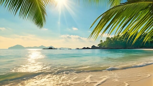 A beautiful beach with palm trees and clear blue ocean