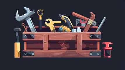 Wooden toolbox full of equipment. Flat style vector illustration - obrazy, fototapety, plakaty