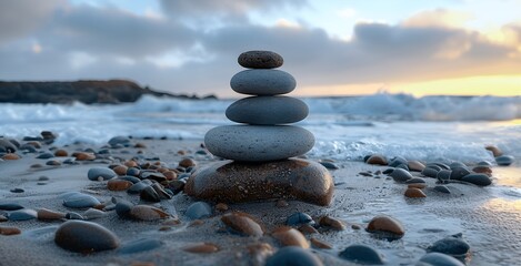 Stack of Smooth Stones on Sandy Beach at Sunset