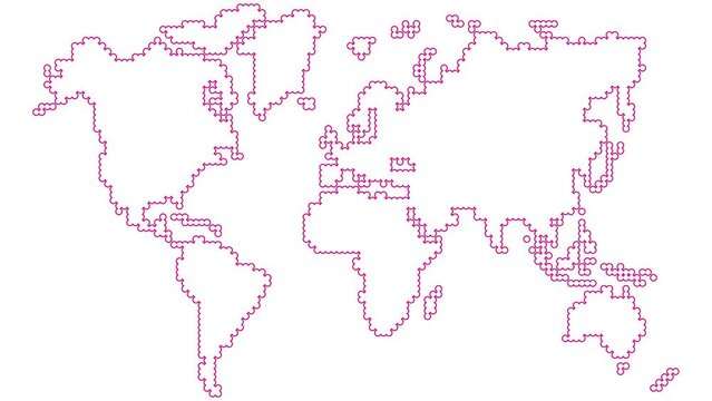 Animated magenta world map from point pattern. Linear symbol is gradually drawn. Concept of travel, global, internet. Vector illustration isolated on white background.