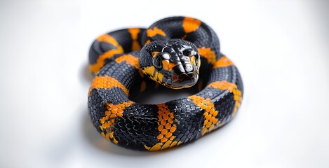 Obraz premium Coiled Snake Exhibiting Vibrant Black-and-Yellow Scales