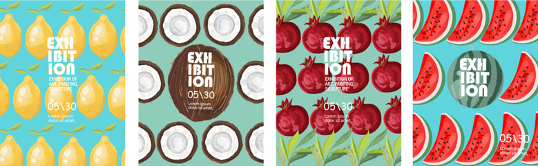 Posters for an exhibition, festival of abstract art: music, literature or painting, with fruit. Vector illustration in hand drawn style. Background for flyer, advertisement, poster.