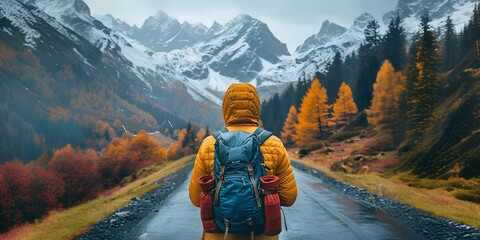 Person in Yellow Jacket and Blue Backpack Stands on Road with Autumn Trees and Snow-Capped Mountains - obrazy, fototapety, plakaty