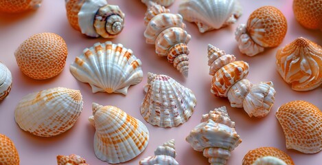 Various Seashells Scattered on Pink Background