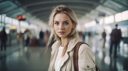 everyday life when traveling, young adult woman at the airport or train station, fictitious place
