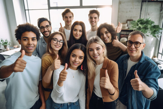 Group of young adult people as work colleagues in a team in a group photo with thumbs up in the sunlit office room at work, multicultural business, profession and successful everyday working life - Powered by Adobe