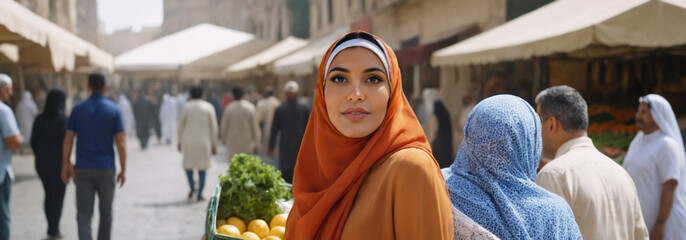 Obraz premium Arab or Turkish adult woman, age 30 to 40, burqa veil, at a market or everyday life in the old town, fictional place