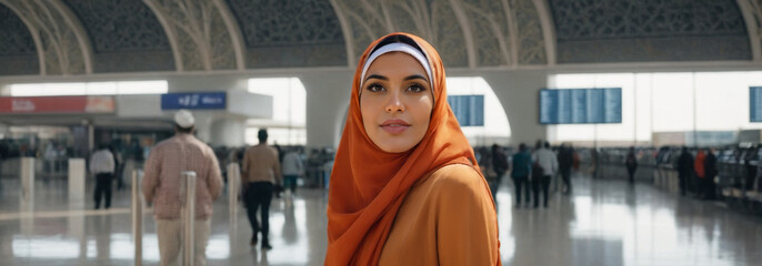 Arab or Turkish adult woman, age 30 to 40, burqa veil, standing in an airport terminal or bus station or train station, fictional place