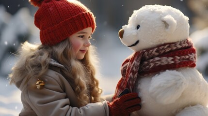 Winter Joy: Young Girl With Teddy Bear in Snowy Setting