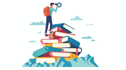 Young man standing on mountain of books and looking 