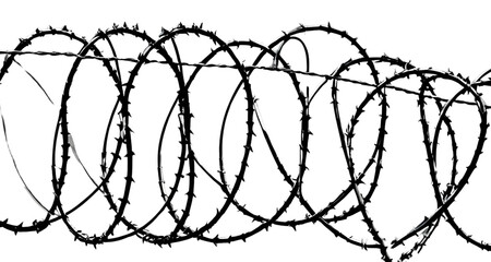 stretched barbed wire fence on white background