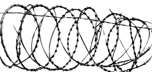 stretched barbed wire fence on white background