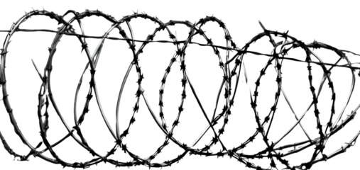 stretched barbed wire fence on white background