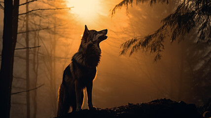Fototapeta premium silhouette of a wolf in a misty autumn forest landscape view of wildlife