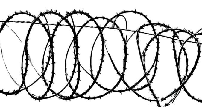 stretched barbed wire fence on white background