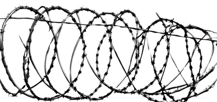 stretched barbed wire fence on white background