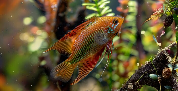 Vibrant Orange and Green Fish Swims Amidst Freshwater Aquarium Plants