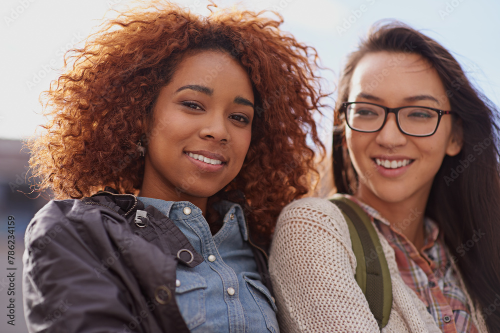 Poster woman, friends and university student in smile with backpack on campus for education, teaching and l
