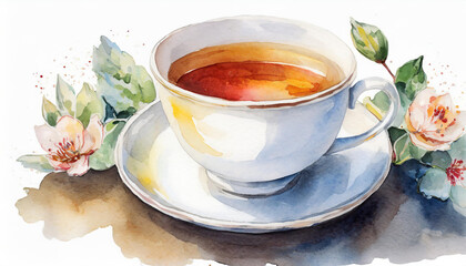 Watercolor vintage porcelain tea cup and spring flowers. Hand drawn illustration of hot beverage