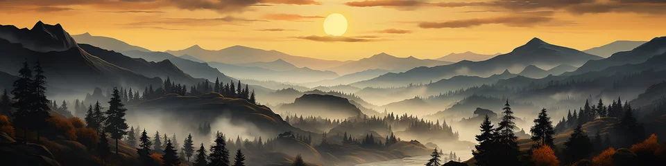 Meubelstickers long narrow panorama autumn landscape forest in evening fog drone view of northern nature in Indian summer October in the mountains © kichigin19
