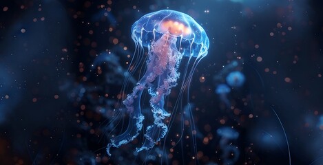 Glowing Blue Jellyfish with Long Tentacles Surrounded by Tiny Light Particles - obrazy, fototapety, plakaty
