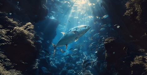 Sunlight Illuminates Underwater World: Coral Reef, Fish Schools, Solitary Fish