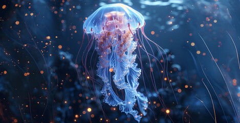 Glowing Blue Jellyfish Swims in Dark Ocean Amidst Orange Lights - obrazy, fototapety, plakaty