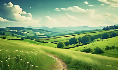 A serene green field with a dirt path winding towards the majestic hills in the distance.