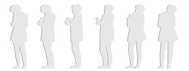 Vector concept conceptual gray paper cut silhouette of a woman talking on the phone holding a cup from different perspectives isolated. A metaphor for communication, connection, leisure and lifestyle