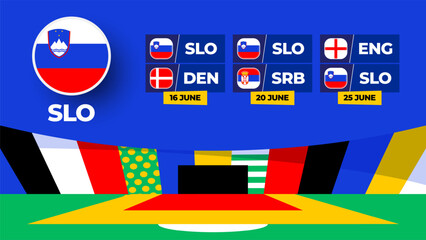 Slovenia football 2024 match versus set. National euro team flag 2024 and group stage championship match versus teams.