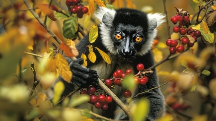 Fototapeta premium A black and white lemur perched among the foliage ready to snack on berries