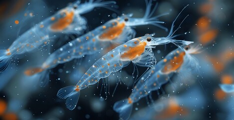 School of Translucent Shrimp with Orange Spots Swimming in Blue Water - obrazy, fototapety, plakaty