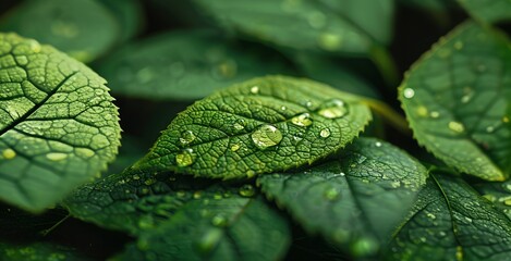 Close-up of leaves with water droplets - obrazy, fototapety, plakaty