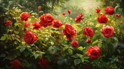 Nestled within a lush forest clearing, a breathtaking arrangement of scarlet roses blooms amidst verdant foliage.