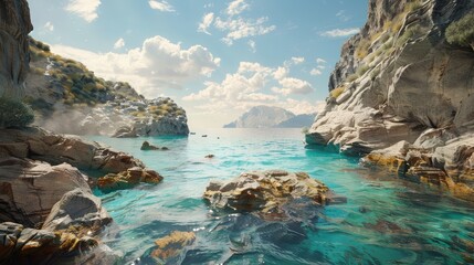 A tranquil coastal cove nestled between rugged cliffs, with turquoise waters gently lapping against sun-drenched shores, inviting contemplation amidst the timeless beauty of the sea.  - obrazy, fototapety, plakaty