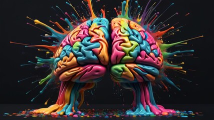 Creativity concept with a brain exploding in colors Mind blown concept black background - obrazy, fototapety, plakaty