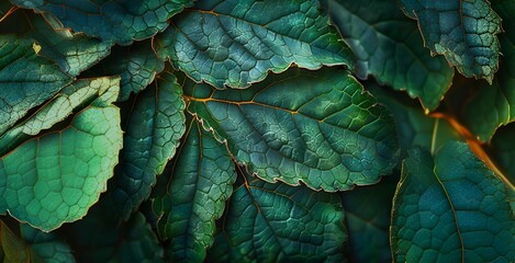 Close-up Image of Vibrant Green Leaves with Defined Veins and Orange Edging