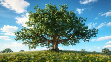 Fotobehang 3d render, a tree growing in the center of a dry vs green field High quality photo © Mehak