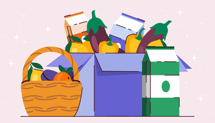 Fruits in a basket and boxes, on a soft pastel background, portraying a concept of food delivery. Flat vector illustration