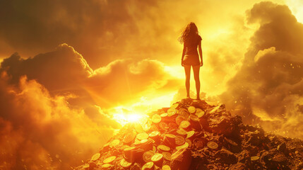 Obraz premium Woman standing on huge pile of gold on top of a mountain, dreams of becoming rich concept