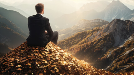 Young man sitting on pile of golden coins, venture investment concept - obrazy, fototapety, plakaty