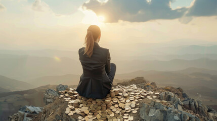 Woman sitting on pile of gold on top of a mountain - obrazy, fototapety, plakaty