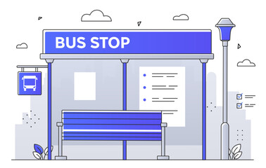 Vector illustration of a blue bus stop with a bench, schedule, and lamp post on a light background, conveying urban public transport. Line art style flat vector illustration