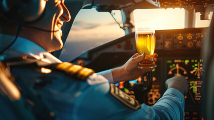 Grotesque image of a commercial pilot drinking beer in cockpit - obrazy, fototapety, plakaty